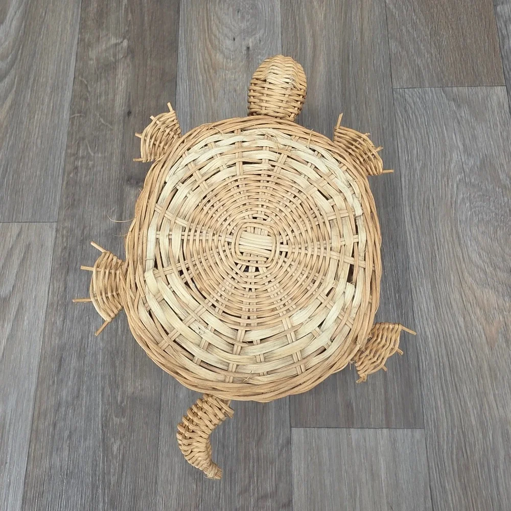 Vintage Interpur Woven Wicker Turtle Basket Planter with Plastic Liner Taiwan